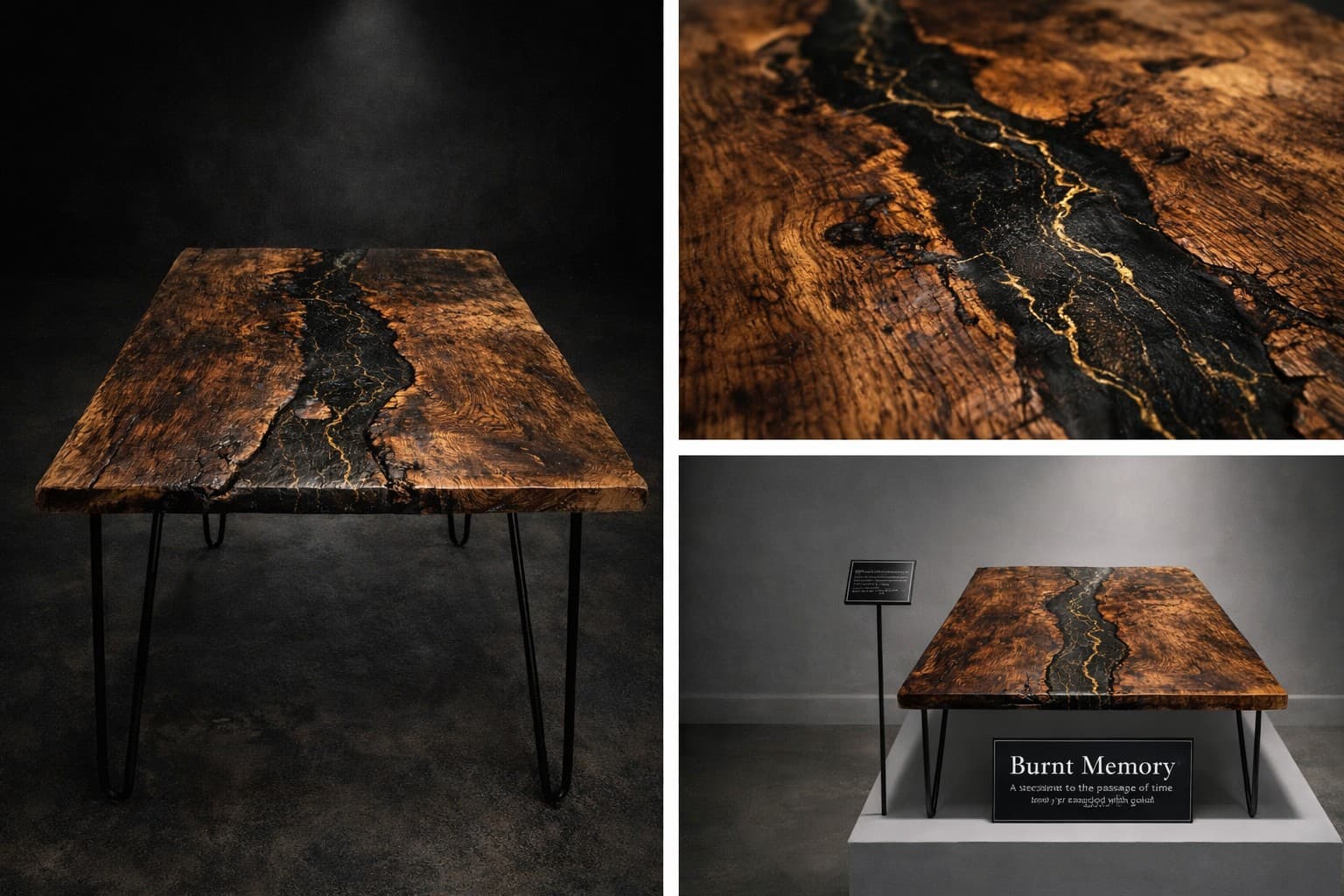 "Burnt Memory" branded studio concept: a charred tabletop with a black and gold veined river, on a gallery plinth