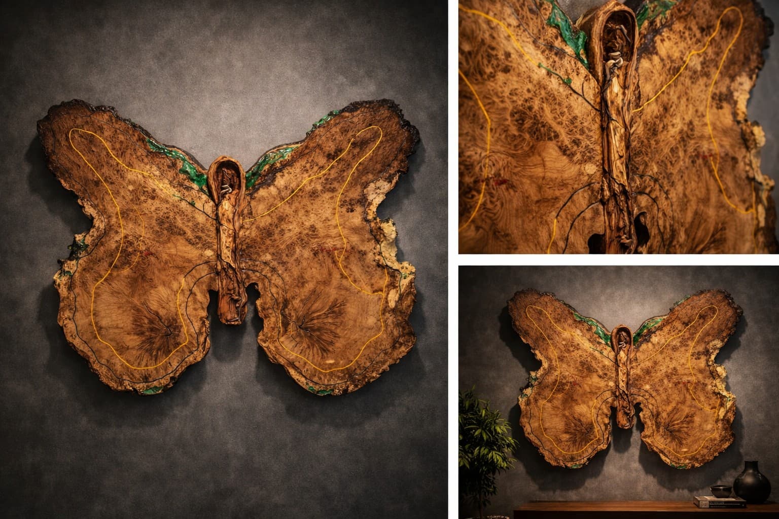"Butterfly" branded studio concept: a carved burl-slab butterfly wall piece with gold veining and green resin accents