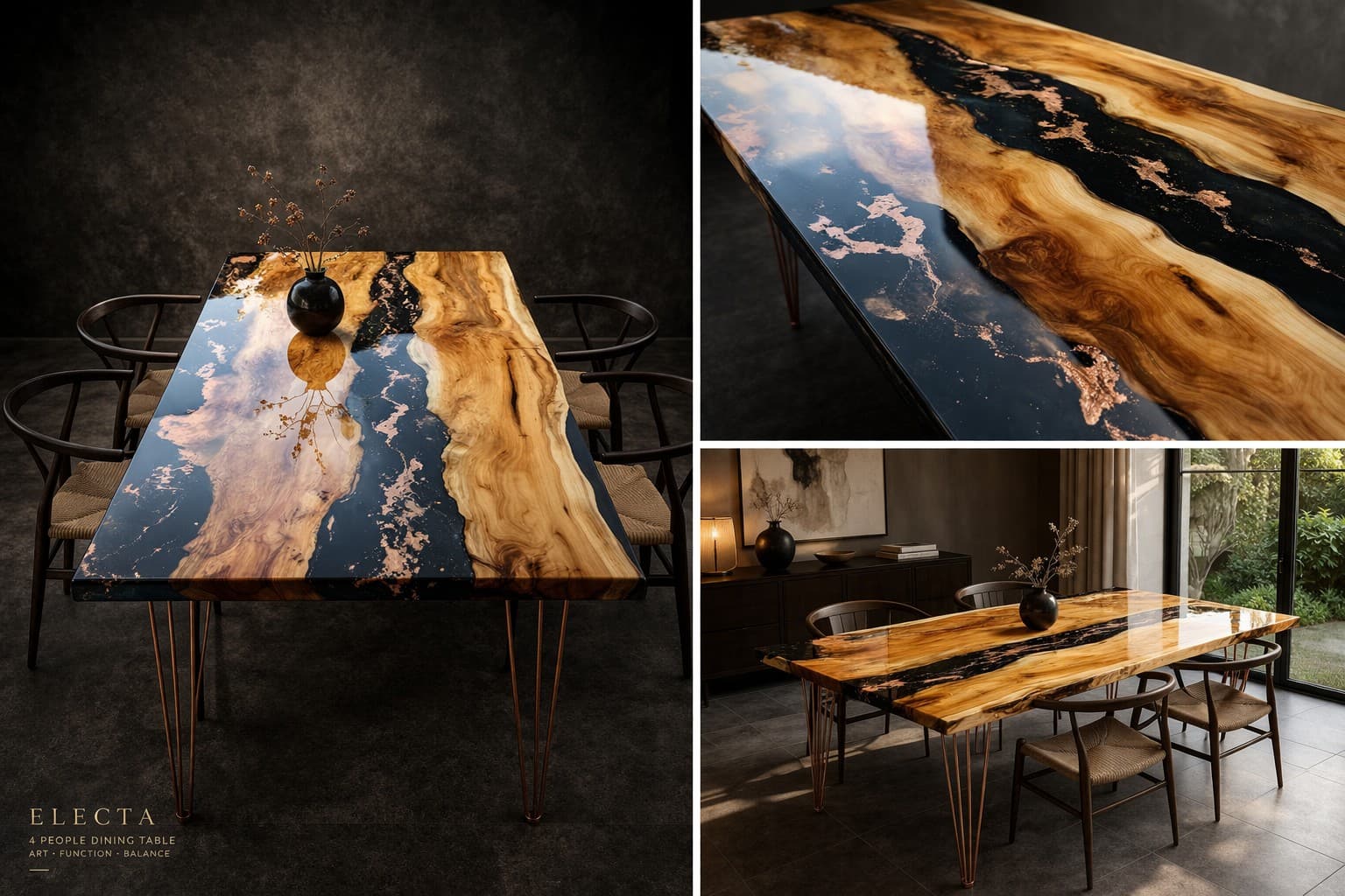 "ELECTA" branded studio concept: live-edge dining table with a black and copper resin river, hairpin legs
