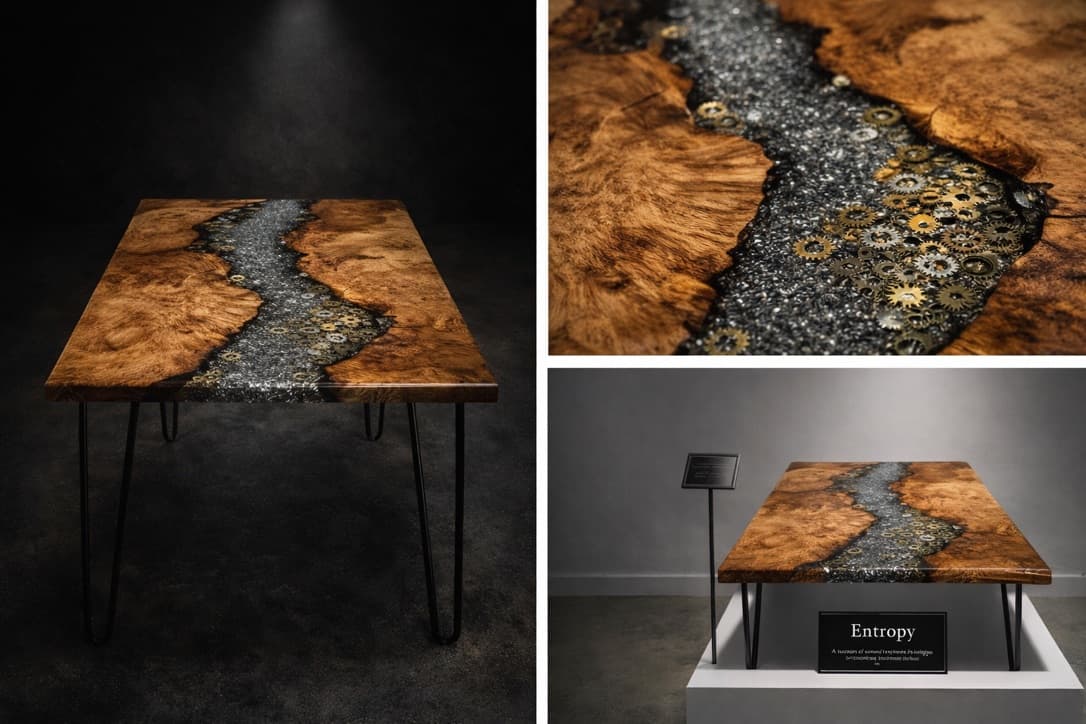"Entropy" branded studio concept: burl table with a river of metal shavings and gears, on a gallery plinth