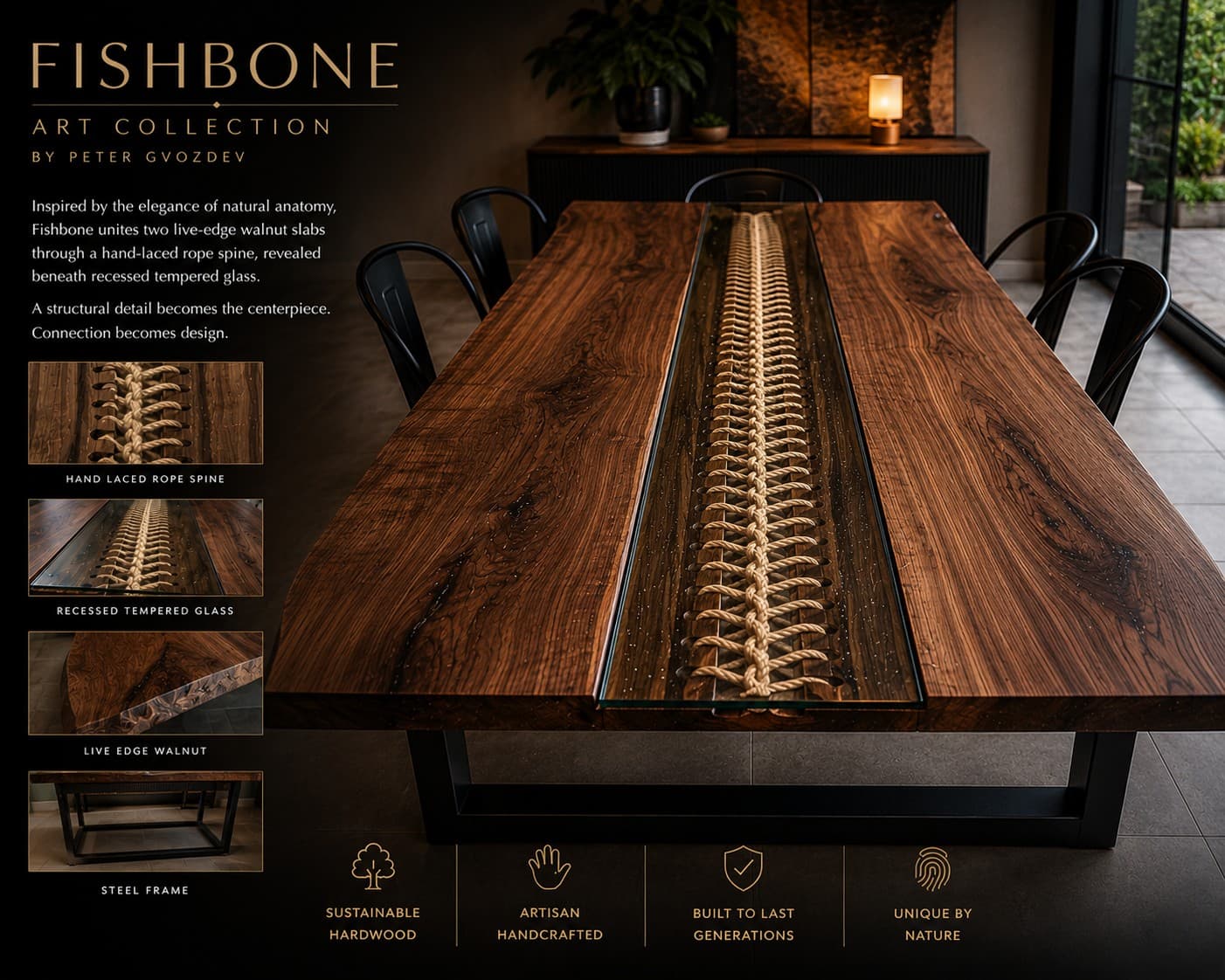 "FISHBONE" branded studio concept: walnut dining table with a hand-laced rope spine, by Peter Gvozdev
