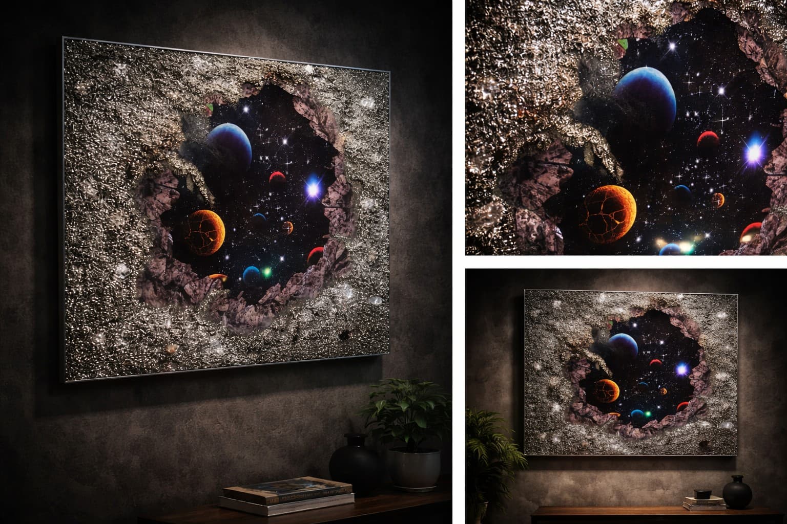 Untitled studio concept: a wall panel broken open onto a painted starfield and planets