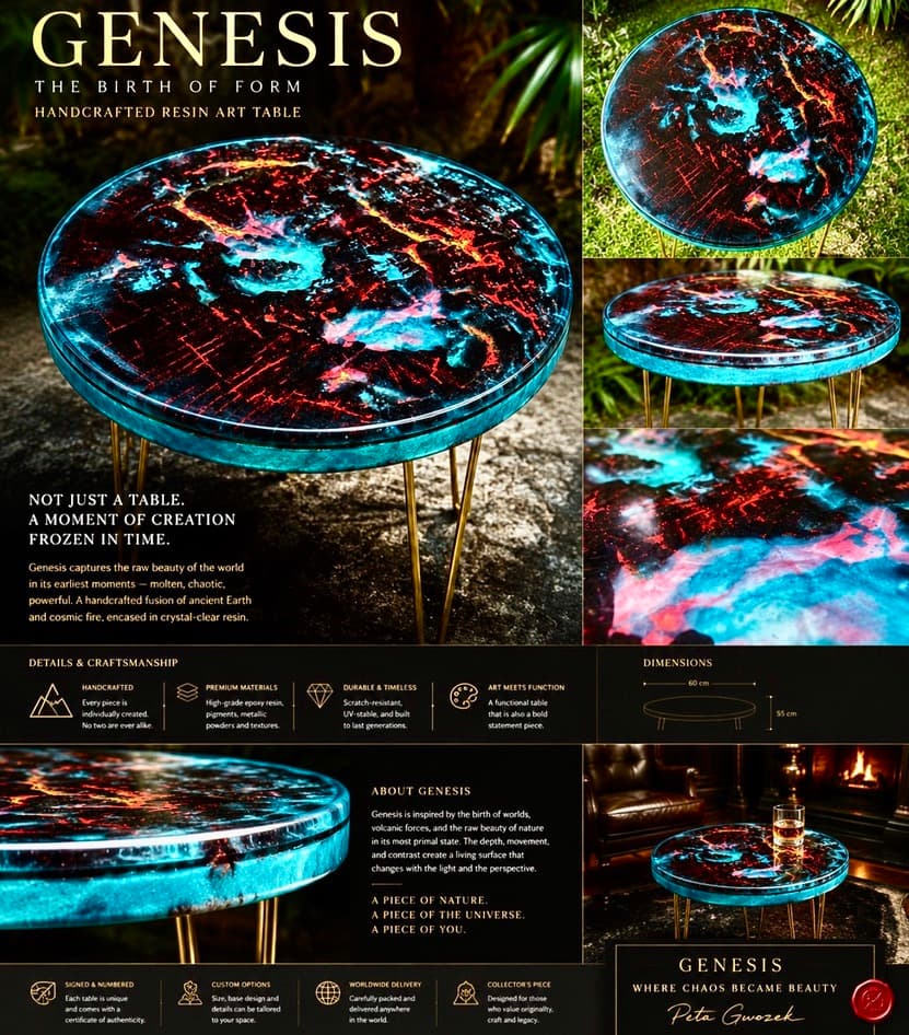 "GENESIS" branded studio concept: a round black, teal and red resin-cast table on brass hairpin legs