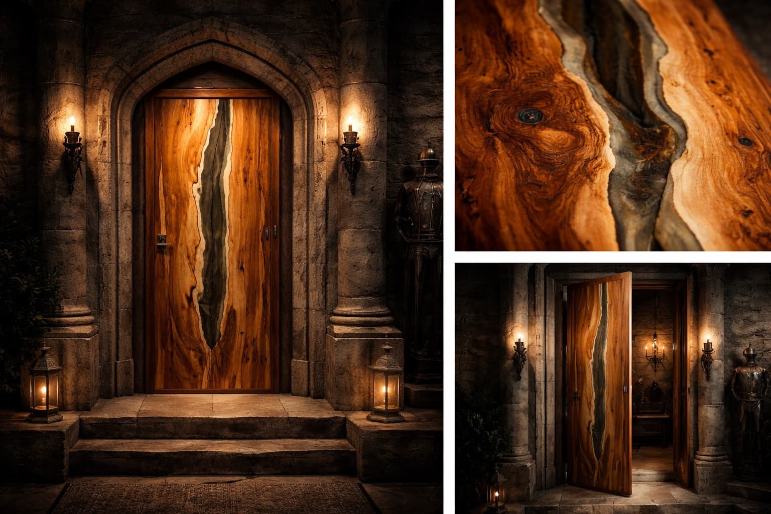 Studio concept: the same door re-staged as a Game of Thrones-style castle entrance, torch-lit stone archway