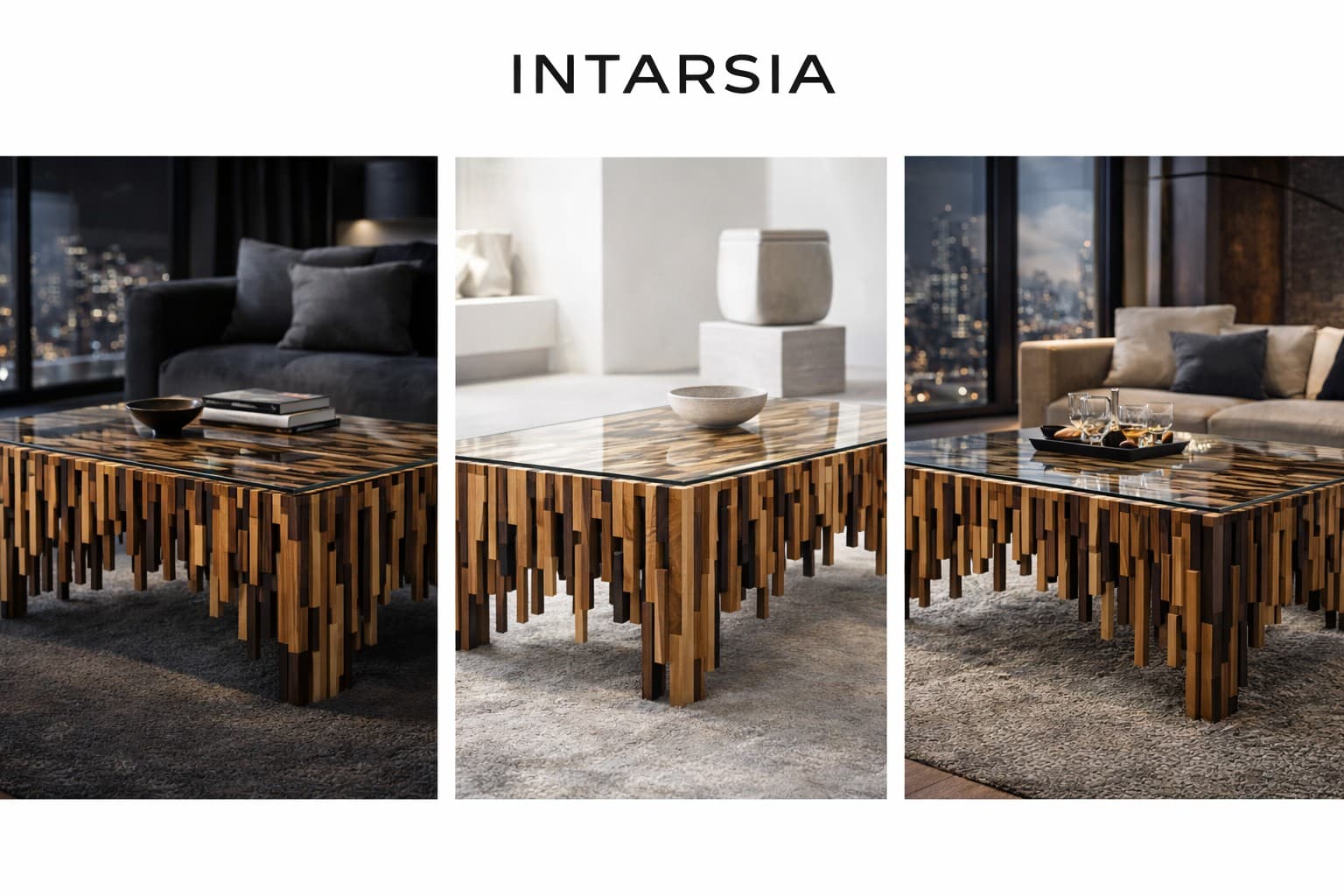 "INTARSIA" branded studio concept: three staged views of a glass-topped block-leg coffee table