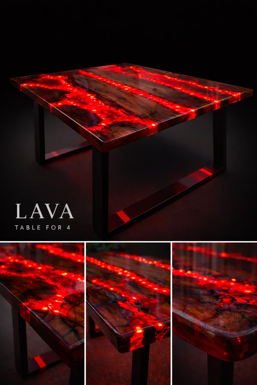 "LAVA — Table for 4" branded studio concept: a live-edge dining table with red LED-lit channels through the wood, on black box-frame legs