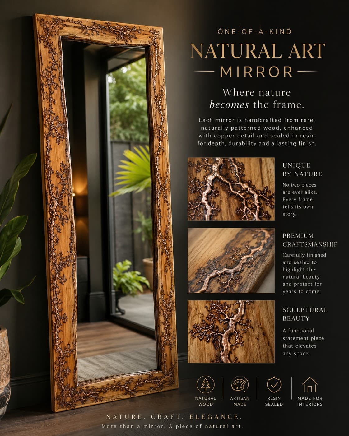 "Natural Art Mirror" branded studio concept: a tall Lichtenberg-branched frame with copper fill, standing indoors
