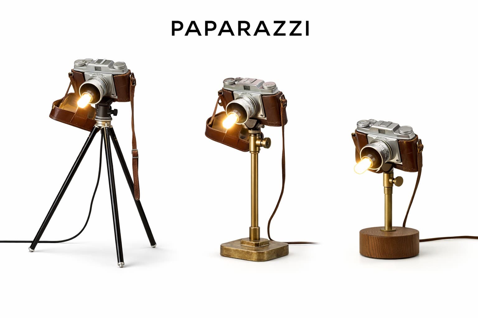 "PAPARAZZI" branded studio concept: three versions of the camera lamp — tripod, brass stand, wood base
