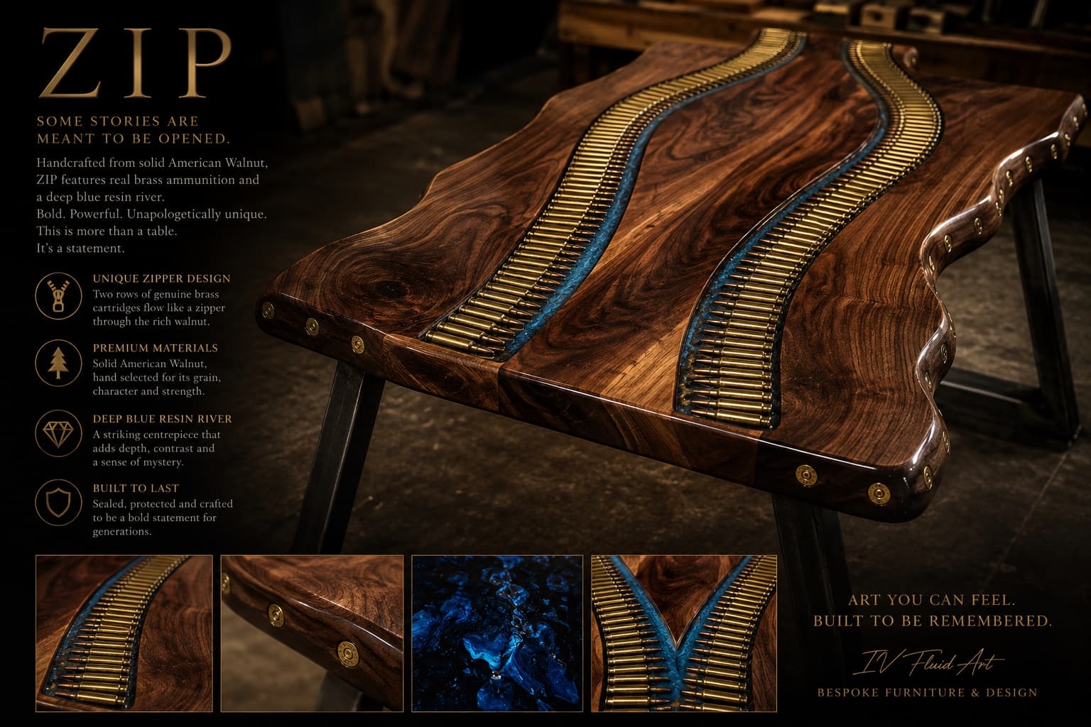 "ZIP" branded studio poster: walnut tabletop with two rows of brass cartridges forming a zipper river, on angled black legs