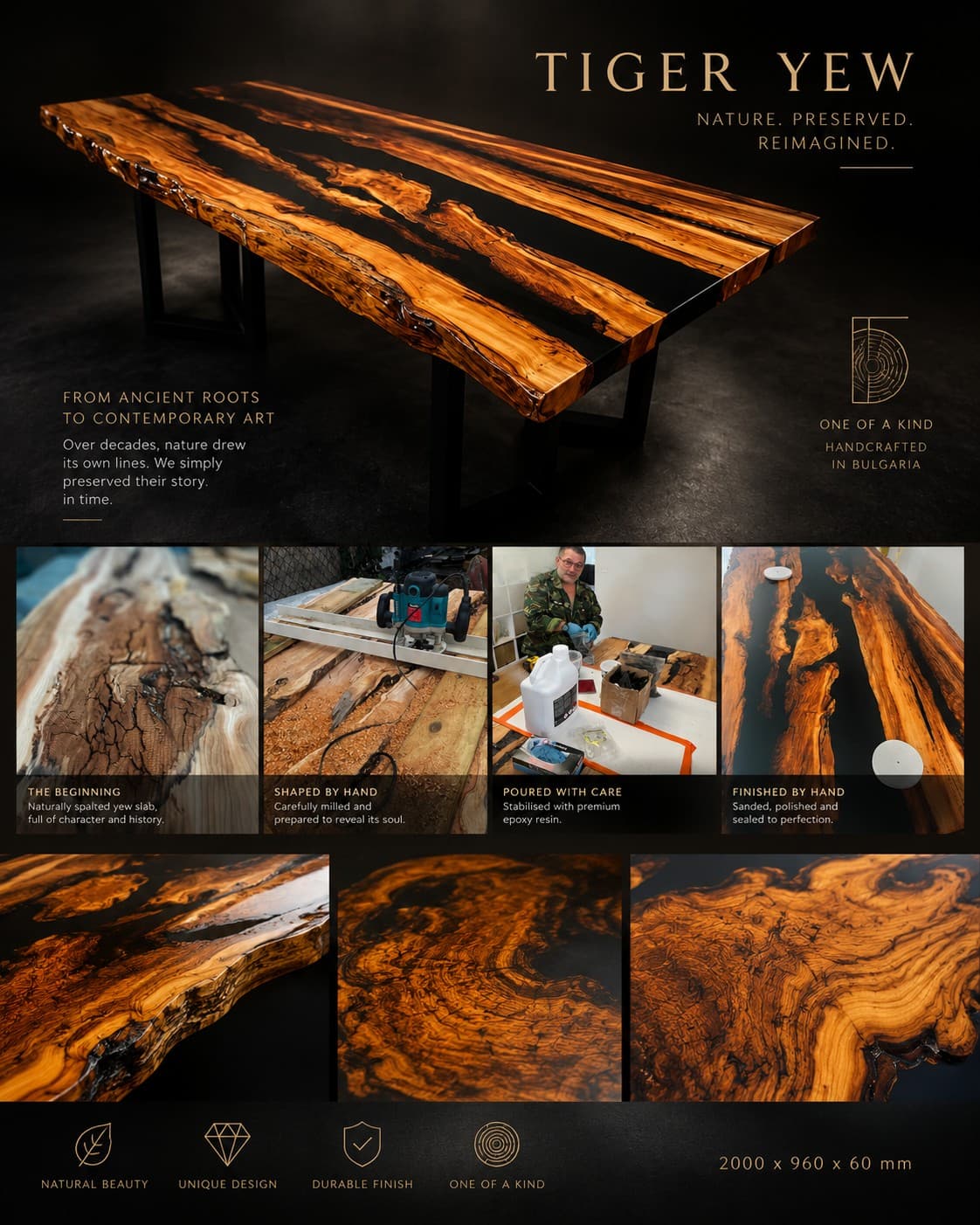 "Tiger Yew" branded studio concept: a long live-edge dining table in orange-striped yew with black resin channels