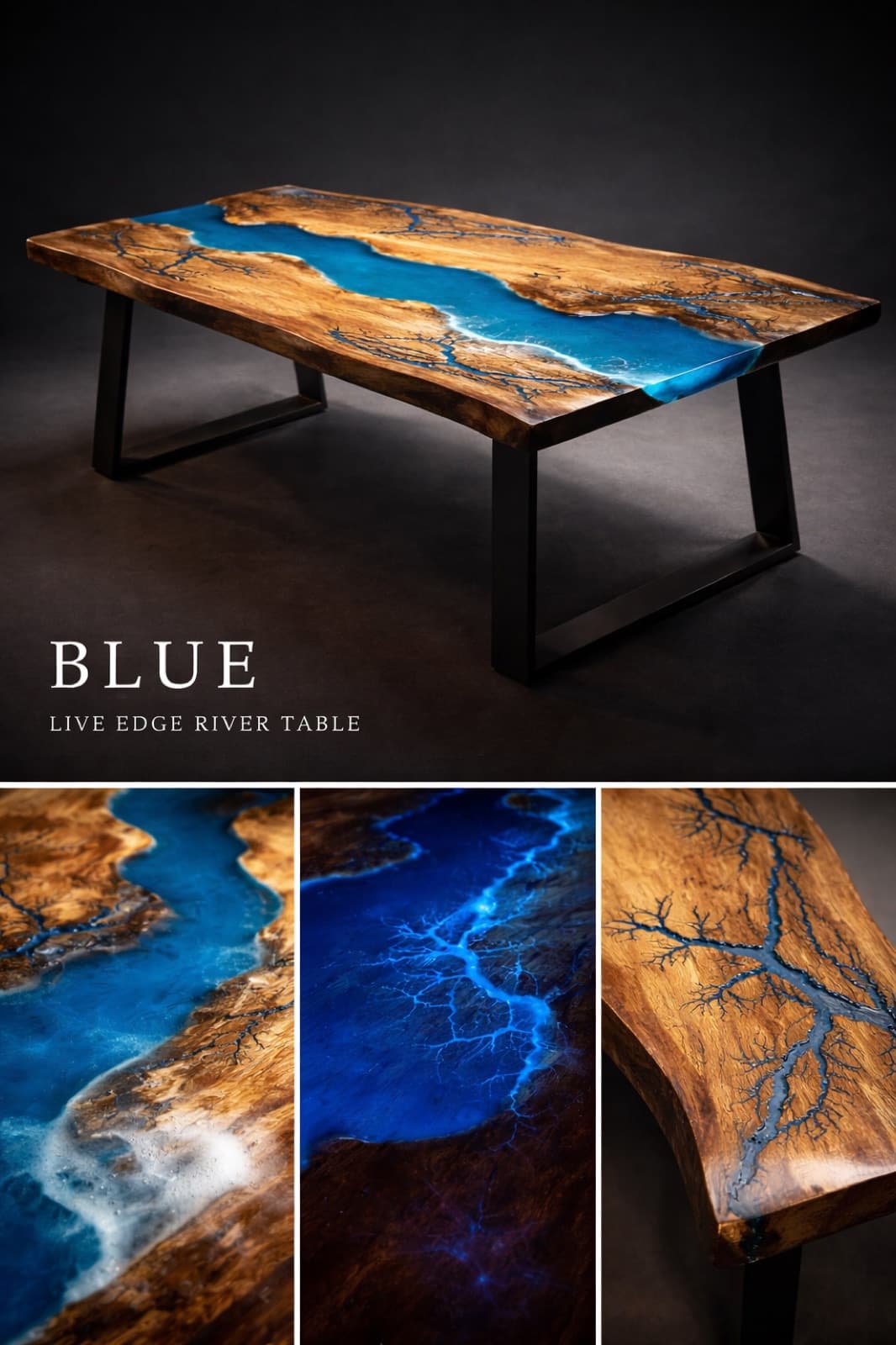 Styled editorial render of the Blue River table on a black metal base