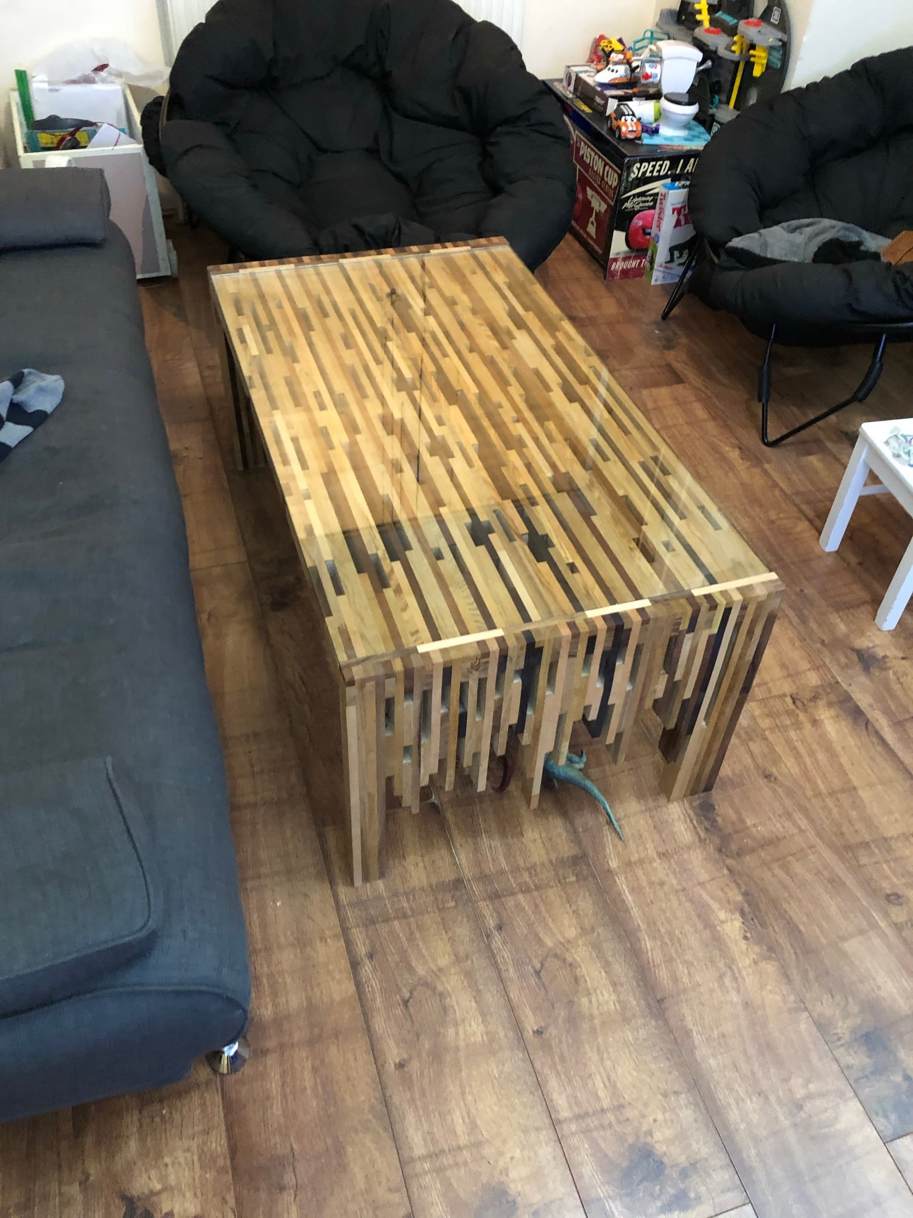 The finished table from a second angle, showing all four block legs
