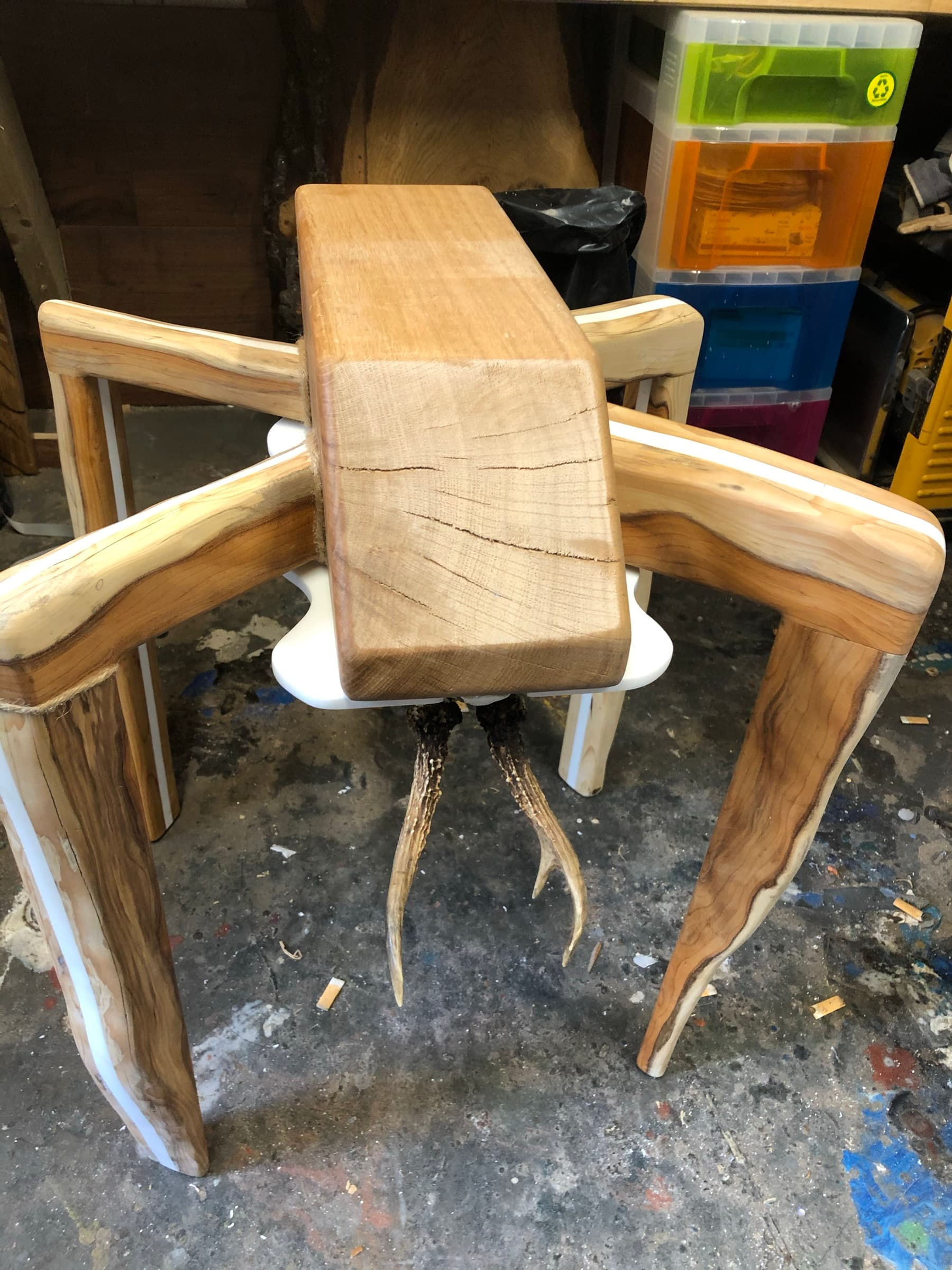 Mid-build: legs and top block assembled, before the glass top and case were fitted