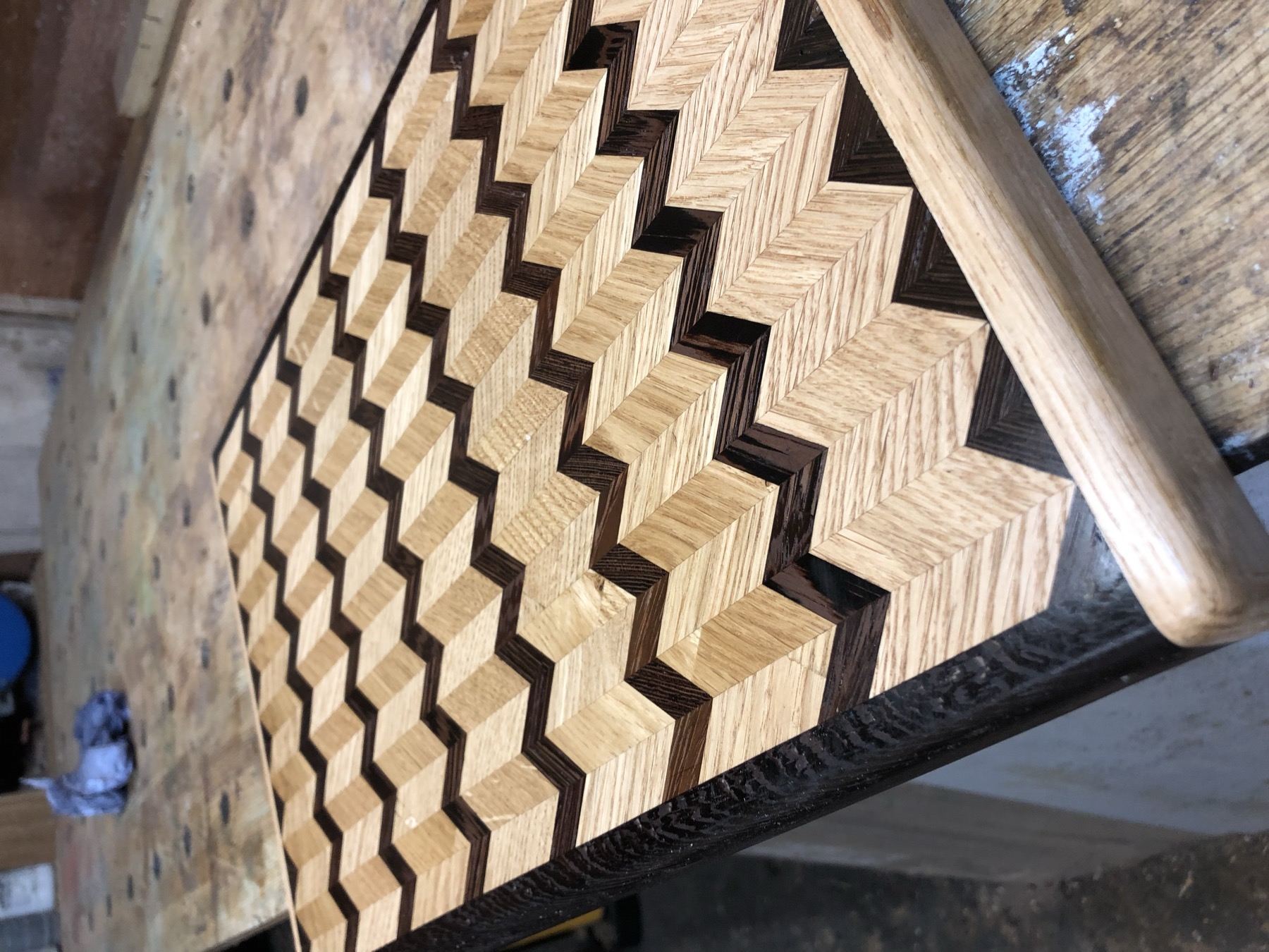 Close edge detail of the end-grain checkerboard-weave pattern