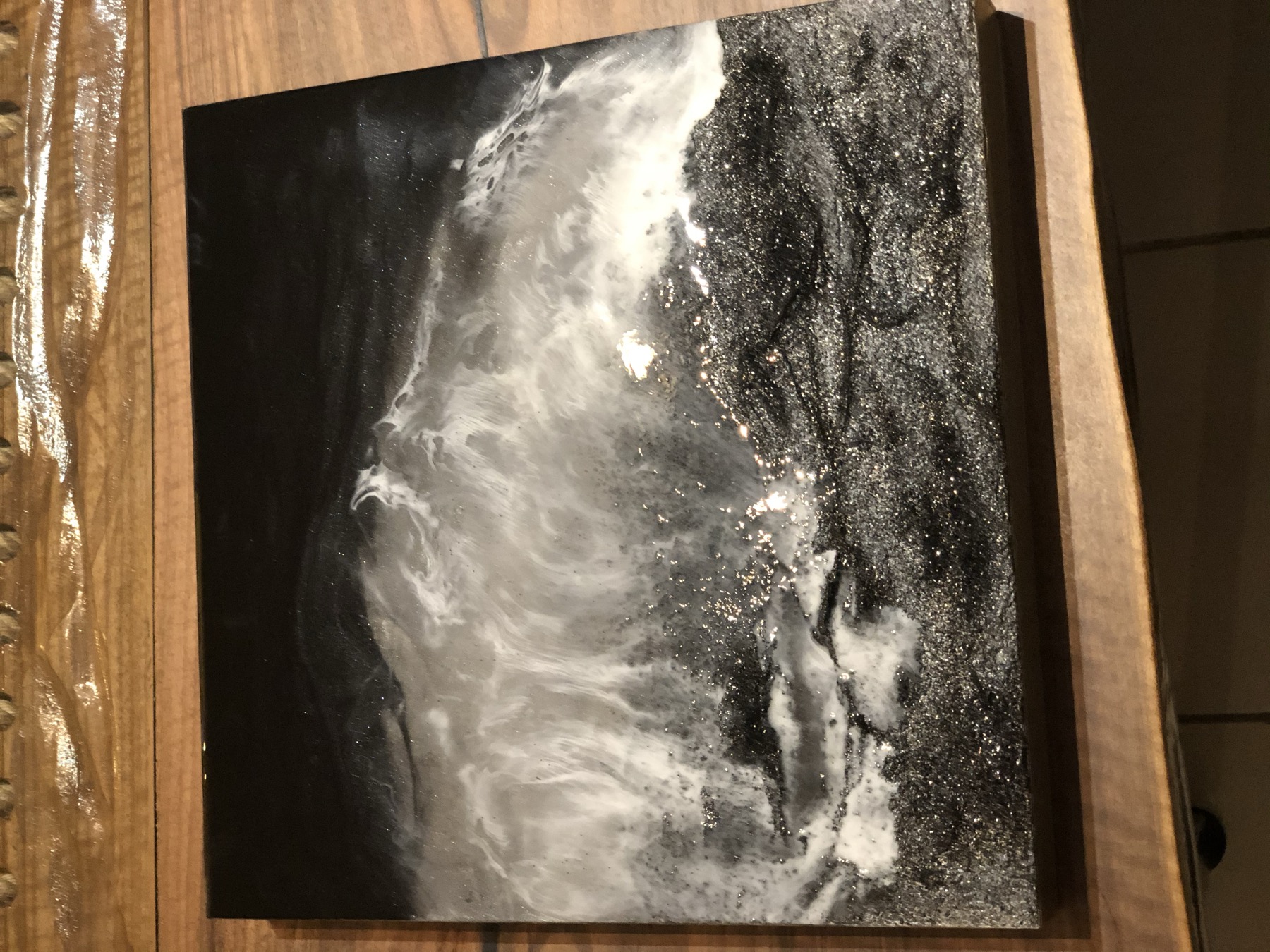 Wide flat view of the black glitter wave-resin board