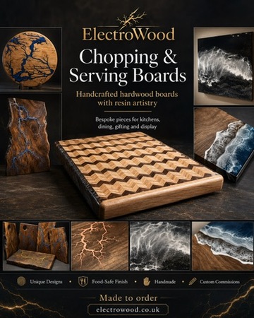 "ElectroWood — Chopping & Serving Boards" branded studio poster: handcrafted hardwood boards with resin artistry, bespoke pieces for kitchens, dining, gifting and display