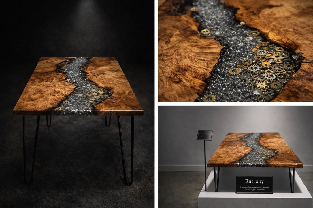 "Entropy" branded studio concept: burl table with a river of metal shavings and gears, on a gallery plinth