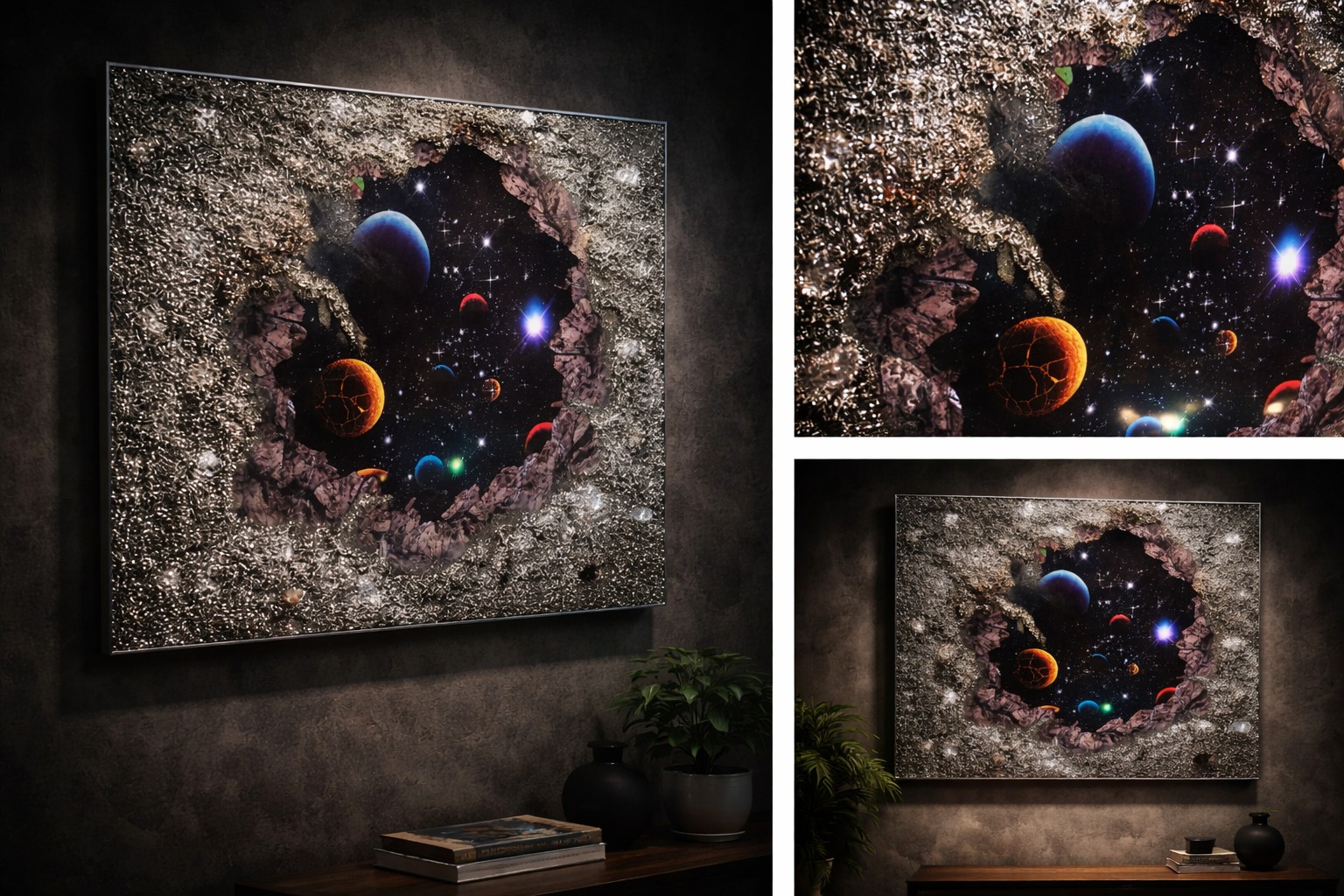 Untitled studio concept: a wall panel broken open onto a painted starfield and planets