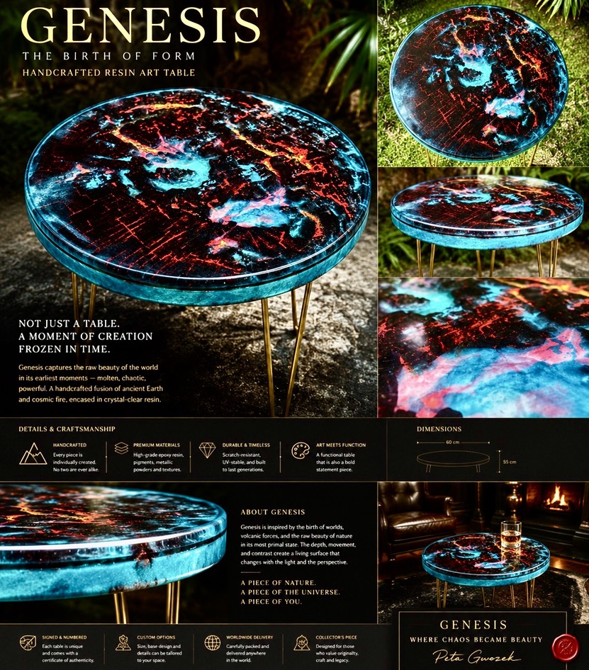 "GENESIS" branded studio concept: a round black, teal and red resin-cast table on brass hairpin legs