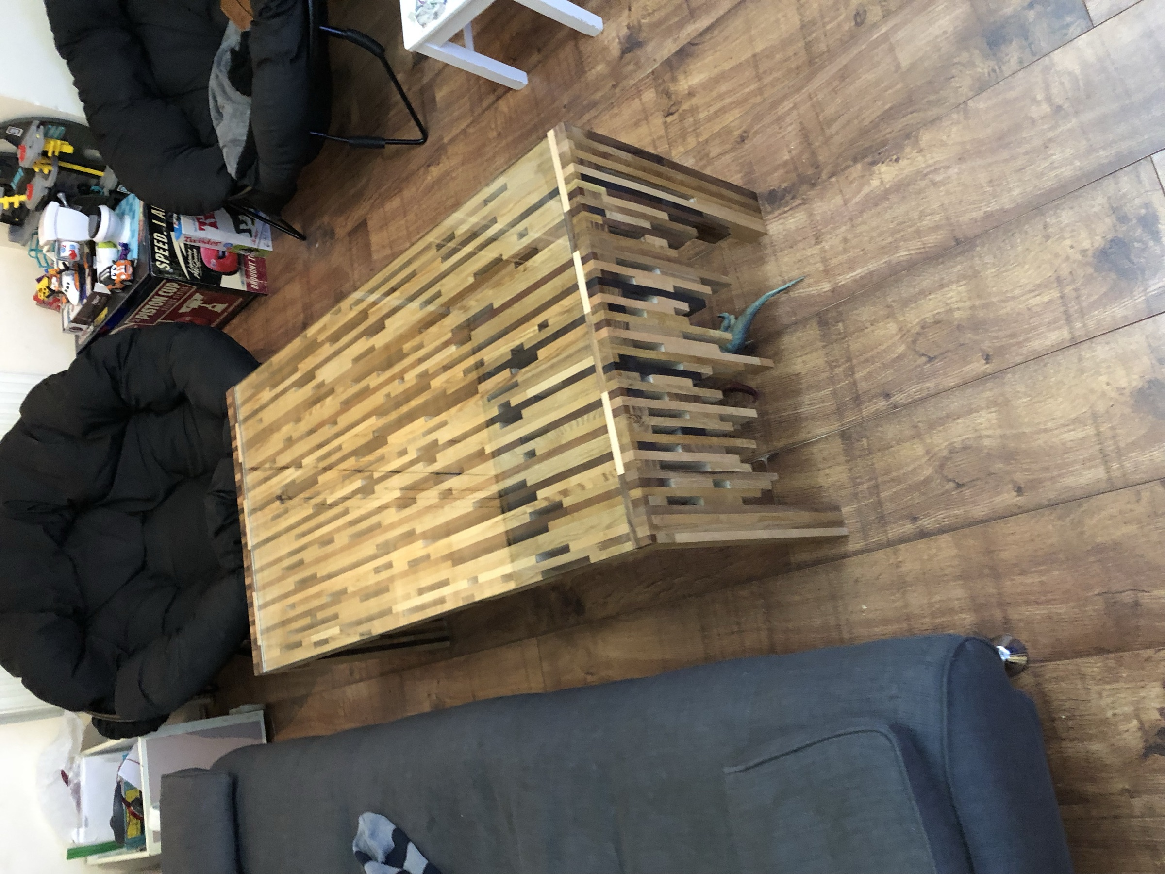 The finished table from a second angle, showing all four block legs