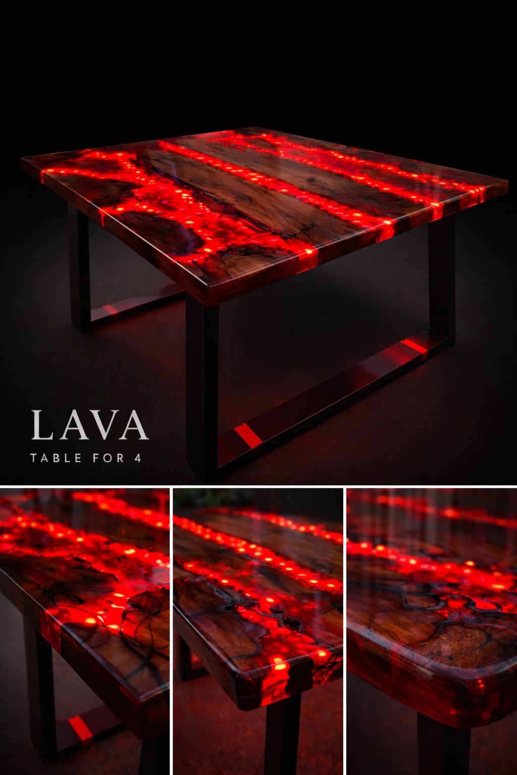"LAVA — Table for 4" branded studio concept: a live-edge dining table with red LED-lit channels through the wood, on black box-frame legs