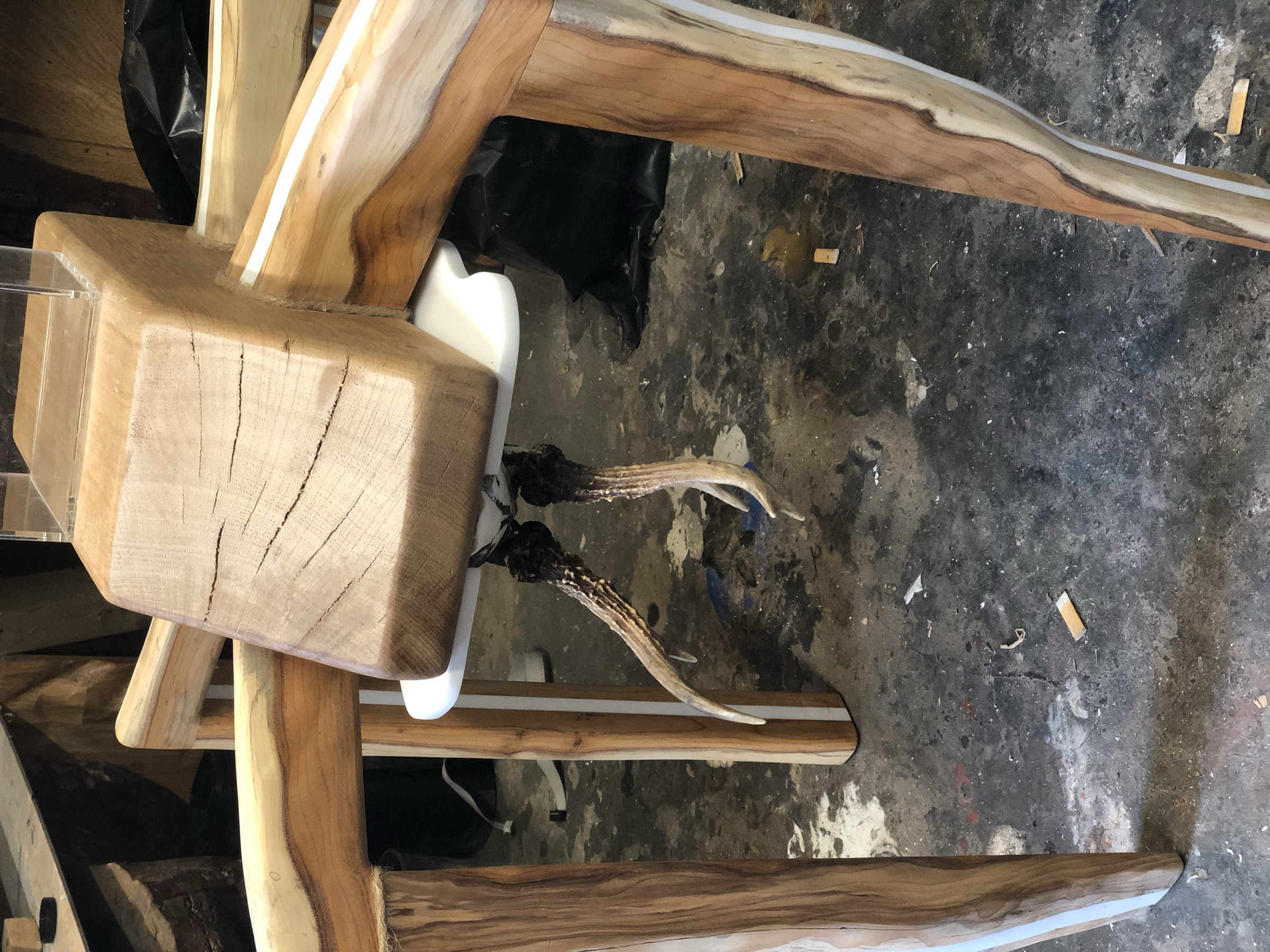 Close view of the dried claw ornament hanging beneath the tabletop, between the carved legs