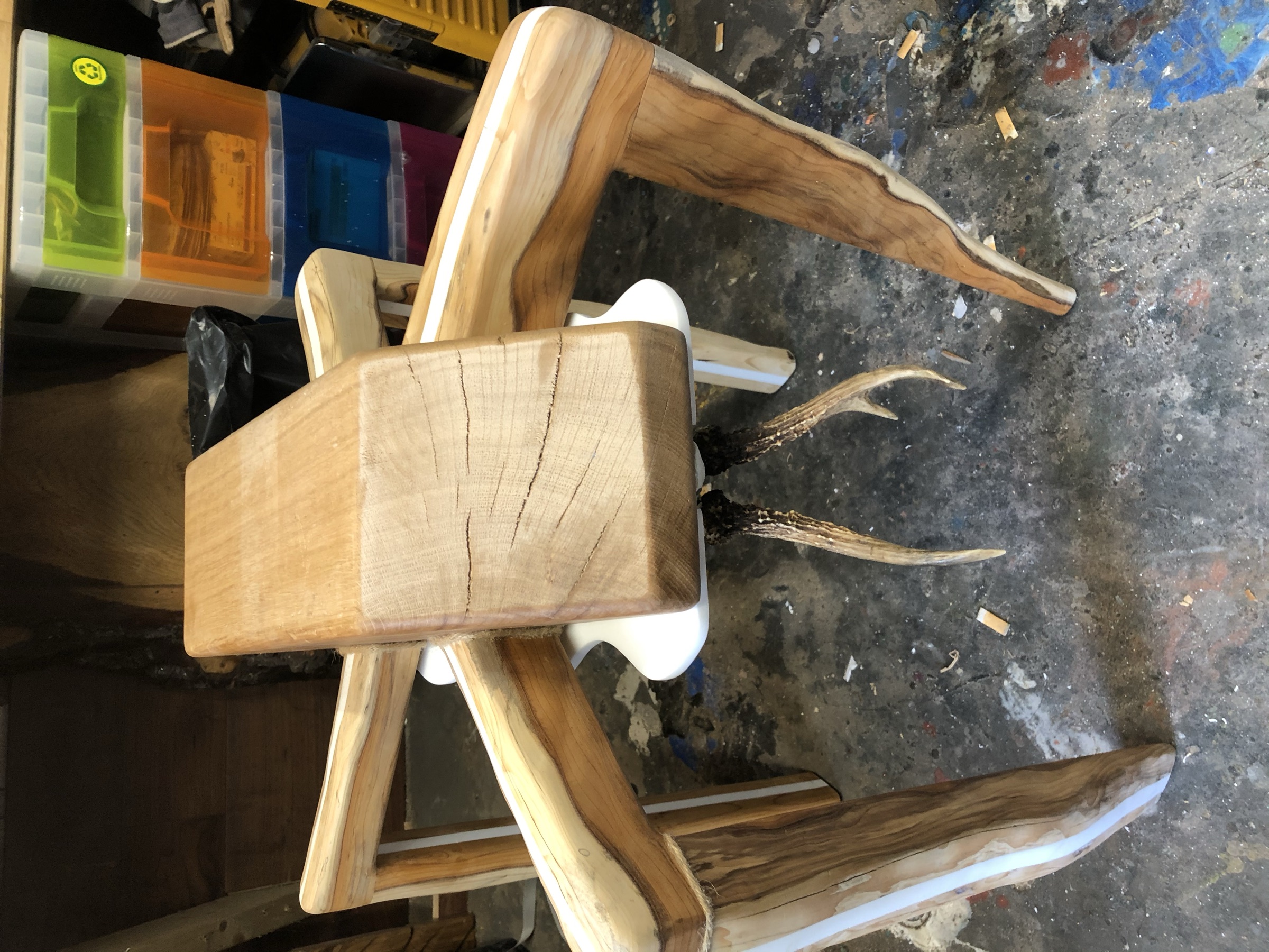 Mid-build: legs and top block assembled, before the glass top and case were fitted