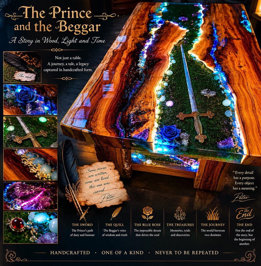 Live-edge table with a full sword laid across a glowing green moss-and-resin river